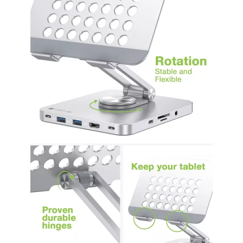 Techly 8-w-1 USB-C Hub stacja dokująca stojak na tablet, Stojak na tablet, Srebrny, Aluminium, 360°, USB 3.2 Gen 1 (3.1 Gen 1) Type-C, 5000 Mbit/s