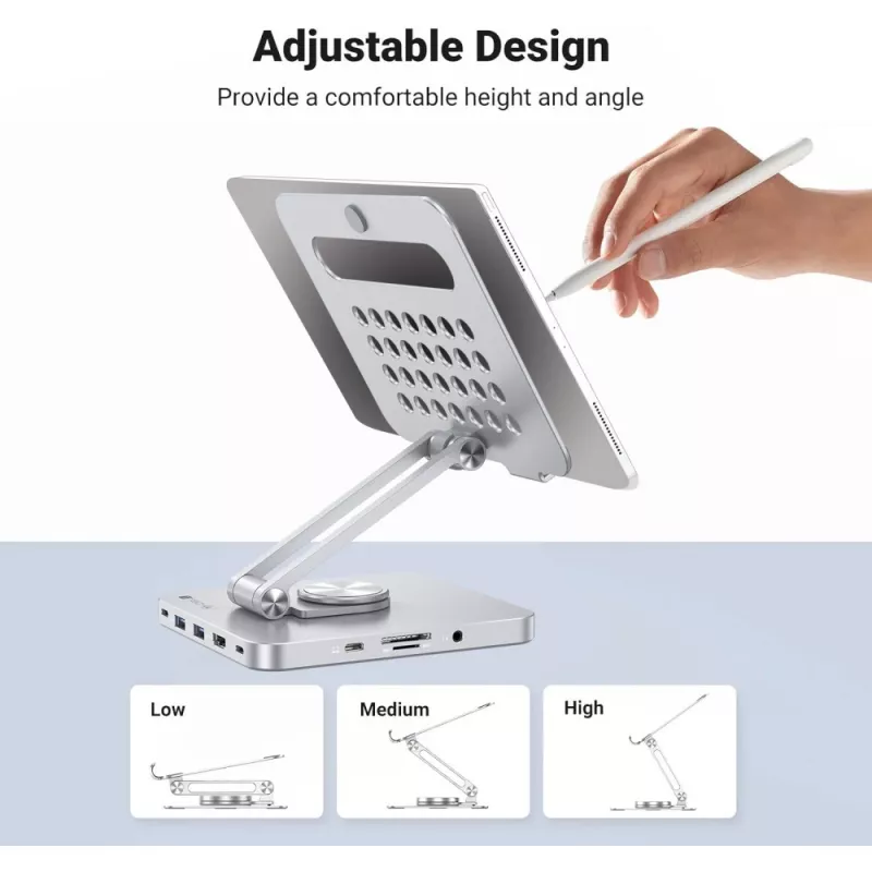 Techly 8-w-1 USB-C Hub stacja dokująca stojak na tablet, Stojak na tablet, Srebrny, Aluminium, 360°, USB 3.2 Gen 1 (3.1 Gen 1) Type-C, 5000 Mbit/s