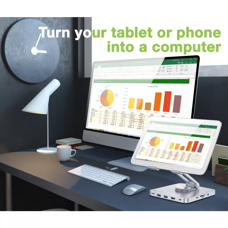 Techly 8-w-1 USB-C Hub stacja dokująca stojak na tablet, Stojak na tablet, Srebrny, Aluminium, 360°, USB 3.2 Gen 1 (3.1 Gen 1) Type-C, 5000 Mbit/s