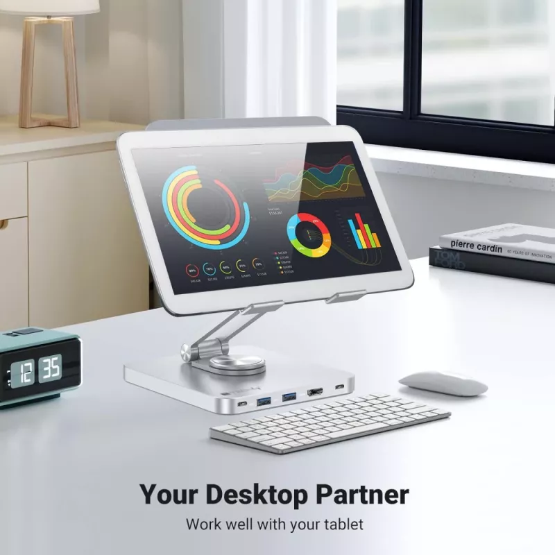 Techly 8-w-1 USB-C Hub stacja dokująca stojak na tablet, Stojak na tablet, Srebrny, Aluminium, 360°, USB 3.2 Gen 1 (3.1 Gen 1) Type-C, 5000 Mbit/s
