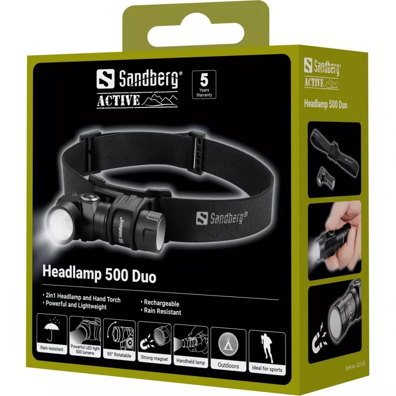 Sandberg Headlamp 500 Duo, Opaska na głowę z latarką, Czarny, Aluminium, IP44, LED, 25 lm