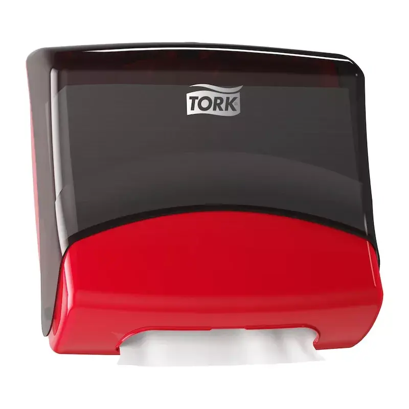 Dozownik ręczników papierowych Tork 654008 — montowany na ścianie, szerokość 427 mm, głębokość 206 mm, wysokość 394 mm, czerwony