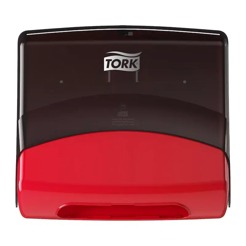 Dozownik ręczników papierowych Tork 654008 — montowany na ścianie, szerokość 427 mm, głębokość 206 mm, wysokość 394 mm, czerwony