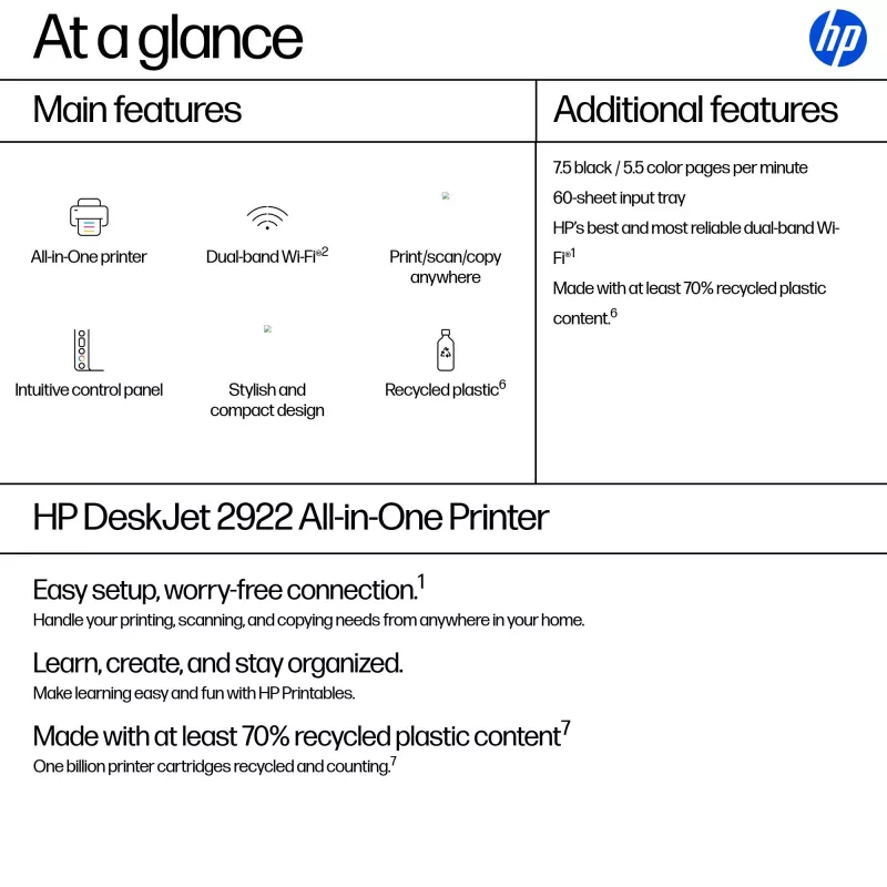 HP DeskJet 2922 Wireless All-in-One Color Printer, Thermal inkjet, Colour printing, 4800 x 1200 DPI, Colour copying, A4, biały