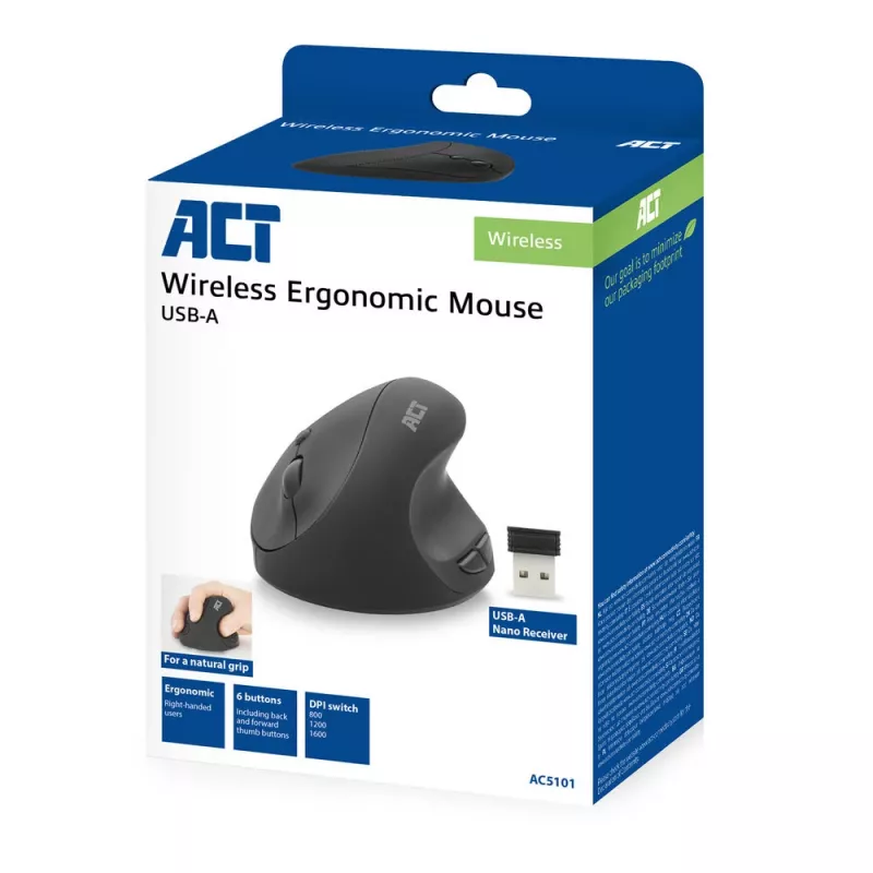 Mysz ACT Bezprzewodowa Mysz Ergonomiczna 1600 DPI RF Wireless