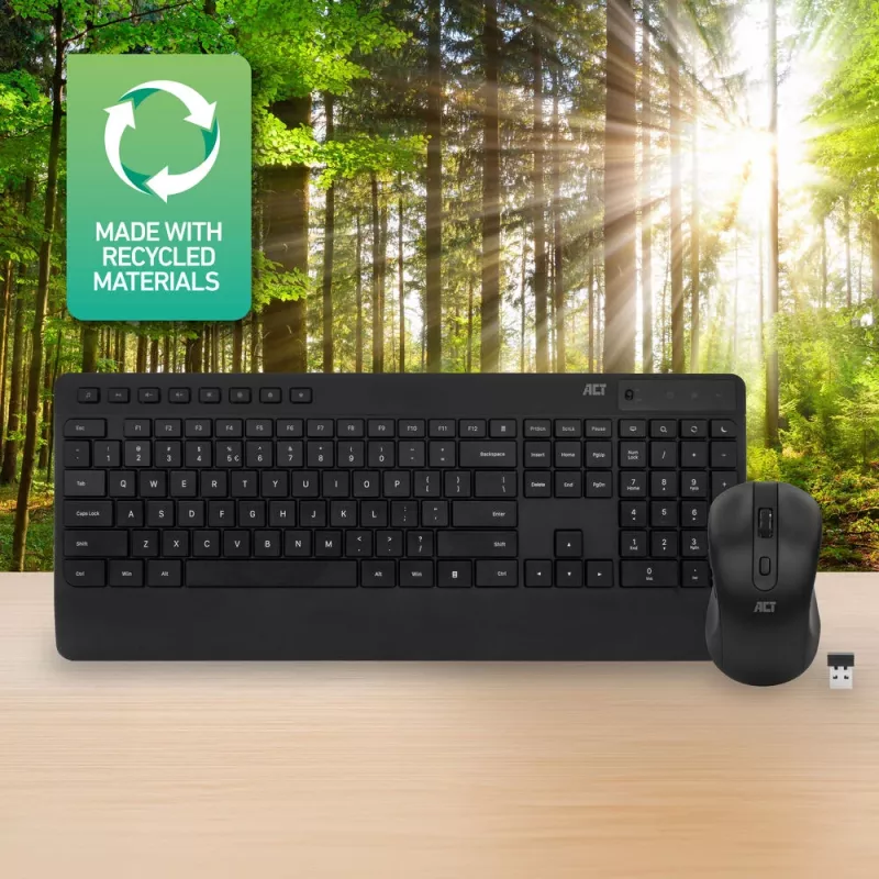 Zestaw bezprzewodowej klawiatury i myszy ACT (Qwerty), ciche kliknięcie, ekologiczny, wykonany z materiałów z recyklingu