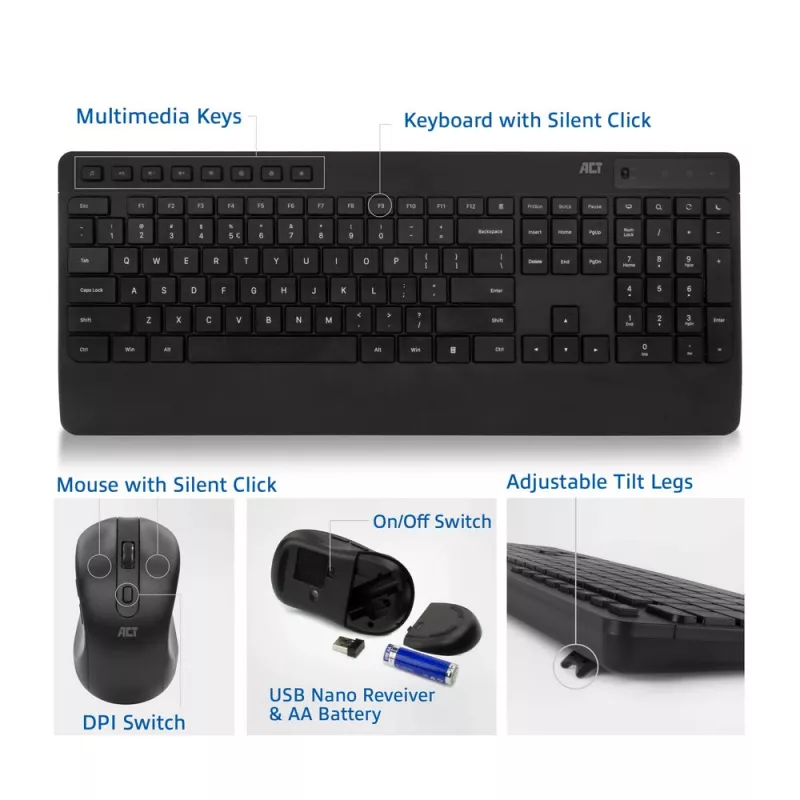 Zestaw bezprzewodowej klawiatury i myszy ACT (Qwerty), ciche kliknięcie, ekologiczny, wykonany z materiałów z recyklingu