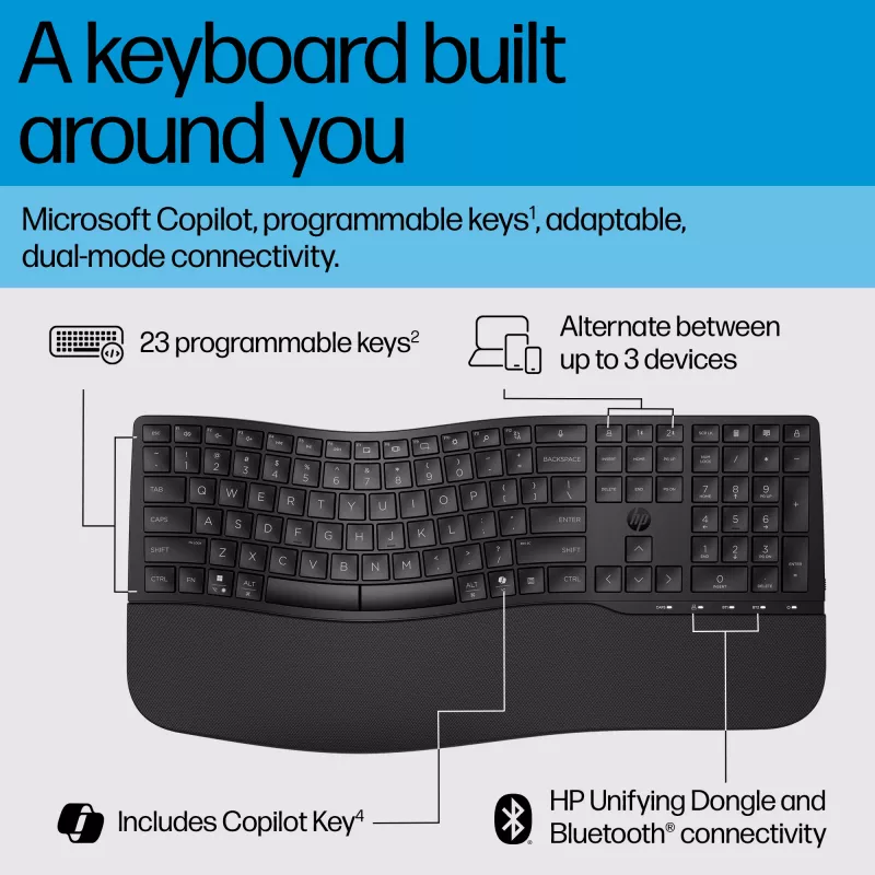 HP 680 Comfort Dual-Mode klawiatura, pełnowymiarowa (100%), bezprzewodowa, RF Wireless + Bluetooth, QWERTY, czarna