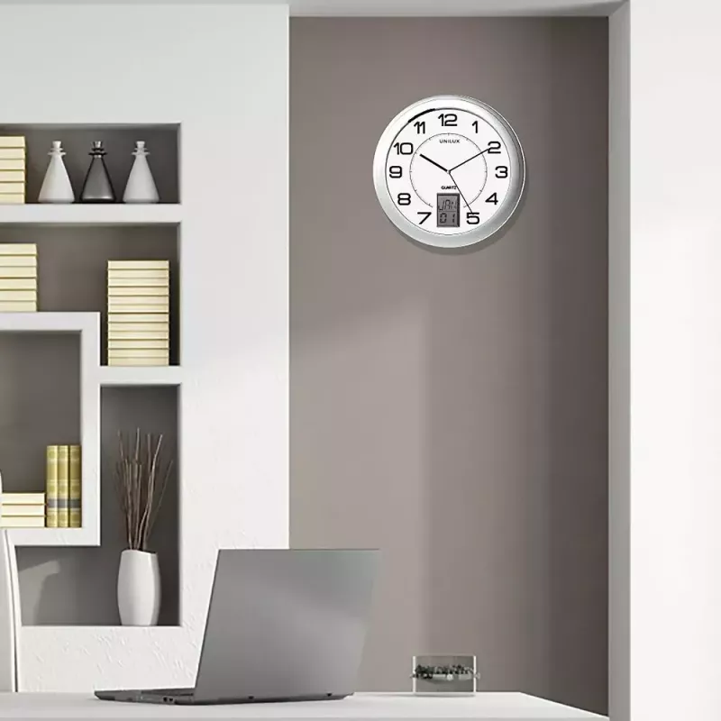 Zegar ścienny/stolikowy Unilux 100340853 — kwarcowy, okrągły metaliczny srebrny, Ø 31 cm, bateria AA/AAA