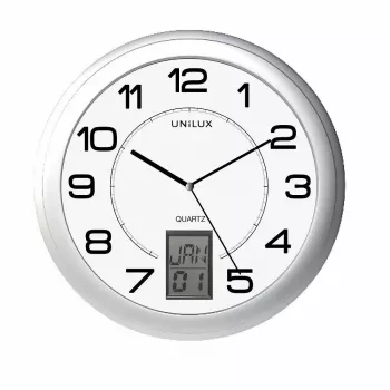 Zegar ścienny/stolikowy Unilux 100340853 — kwarcowy, okrągły metaliczny srebrny, Ø 31 cm, bateria AA/AAA