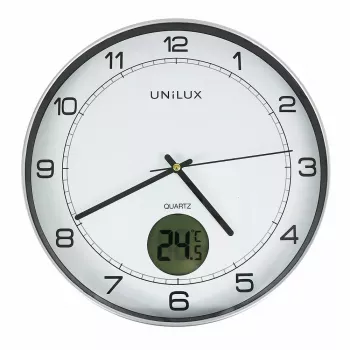 Zegar ścienny/biurkowy Unilux 400094592 — kwarcowy, okrągły, metaliczny srebrny, Ø 30 cm, bateria AA/AAA