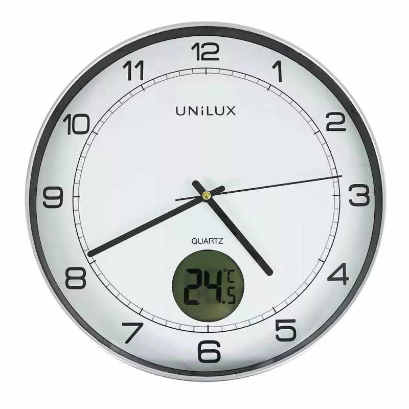 Zegar ścienny/biurkowy Unilux 400094592 — kwarcowy, okrągły, metaliczny srebrny, Ø 30 cm, bateria AA/AAA