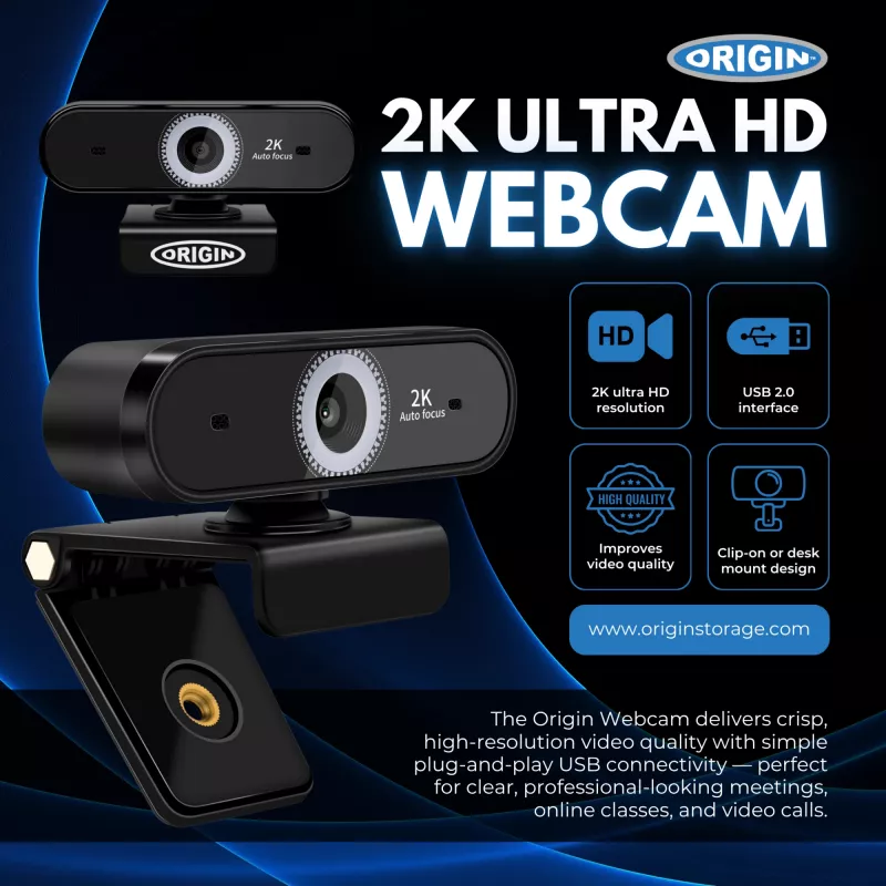 Origin Storage USB Webcam 2K Full HD, 5 MP, 2592 x 1944 piksele, 2K Ultra HD, 60 kl./s, 10x, USB 2.0