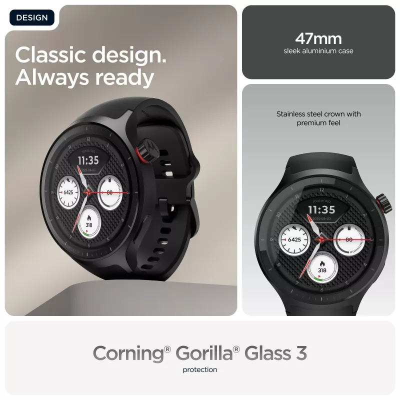 Motorola Moto Watch 3,63 cm (1,43 cala) OLED 47 mm Cyfrowy Ekran dotykowy Czarny GPS (satelitarny)