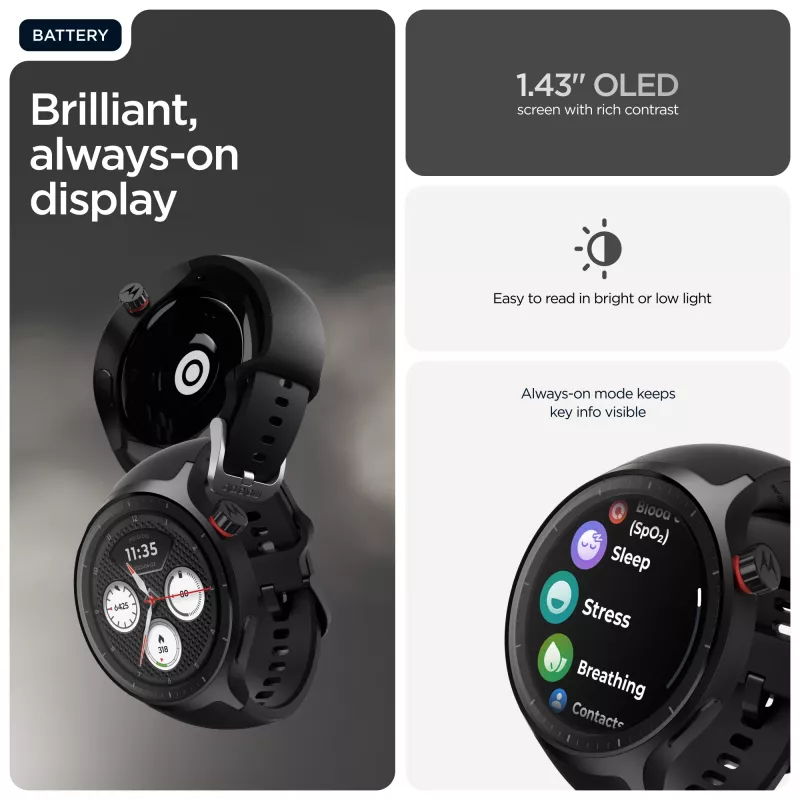 Motorola Moto Watch 3,63 cm (1,43 cala) OLED 47 mm Cyfrowy Ekran dotykowy Czarny GPS (satelitarny)