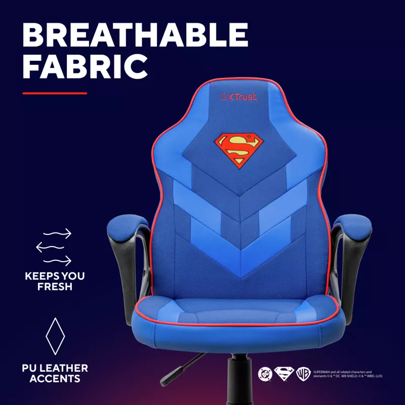 Fotel gamingowy TRUST GXT 703SM REVVO Kids Superman niebieski – dziecięcy fotel gamingowy, ergonomiczna konstrukcja, regulowane funkcje