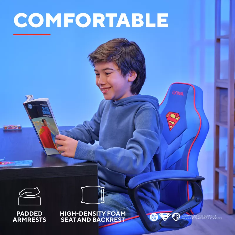 Fotel gamingowy TRUST GXT 703SM REVVO Kids Superman niebieski – dziecięcy fotel gamingowy, ergonomiczna konstrukcja, regulowane funkcje