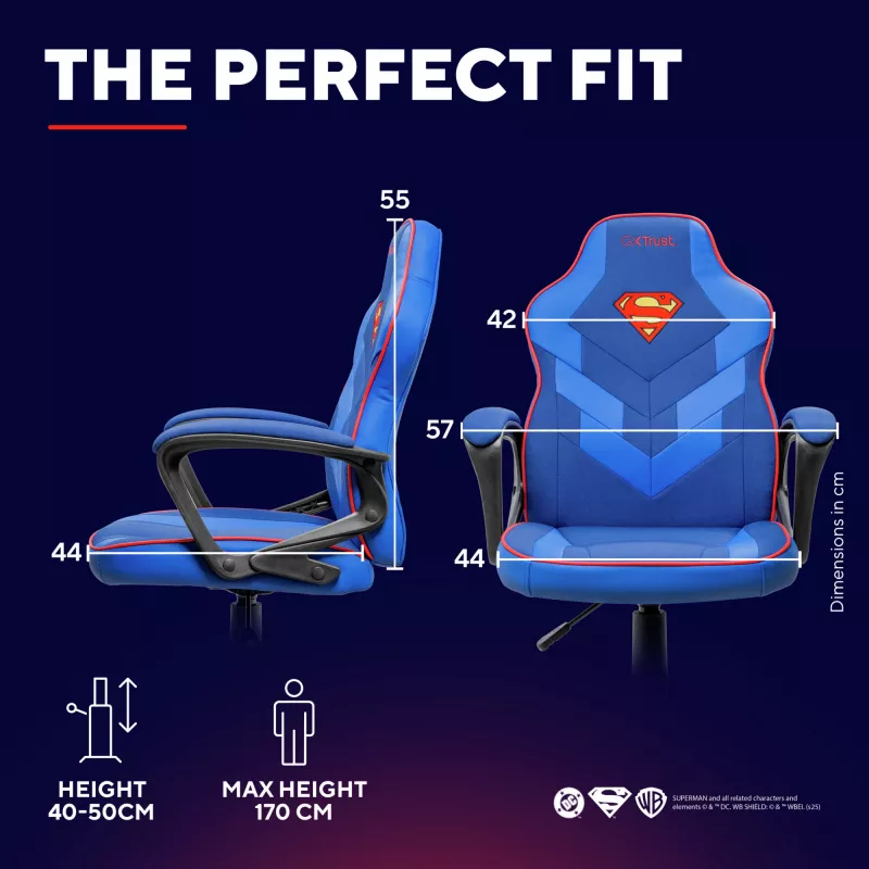 Fotel gamingowy TRUST GXT 703SM REVVO Kids Superman niebieski – dziecięcy fotel gamingowy, ergonomiczna konstrukcja, regulowane funkcje