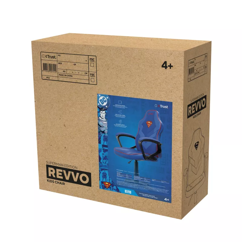 Fotel gamingowy TRUST GXT 703SM REVVO Kids Superman niebieski – dziecięcy fotel gamingowy, ergonomiczna konstrukcja, regulowane funkcje