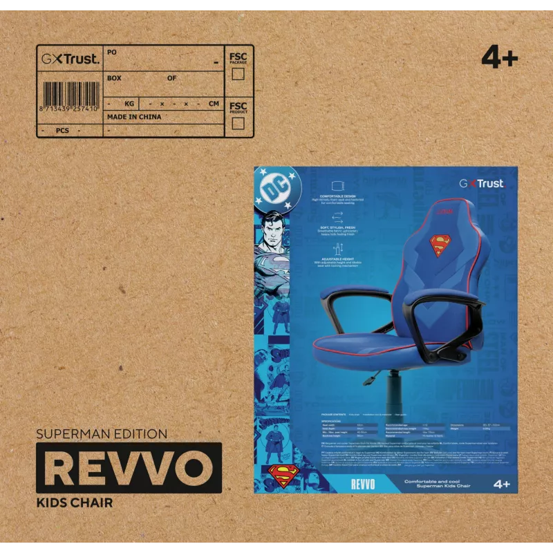 Fotel gamingowy TRUST GXT 703SM REVVO Kids Superman niebieski – dziecięcy fotel gamingowy, ergonomiczna konstrukcja, regulowane funkcje