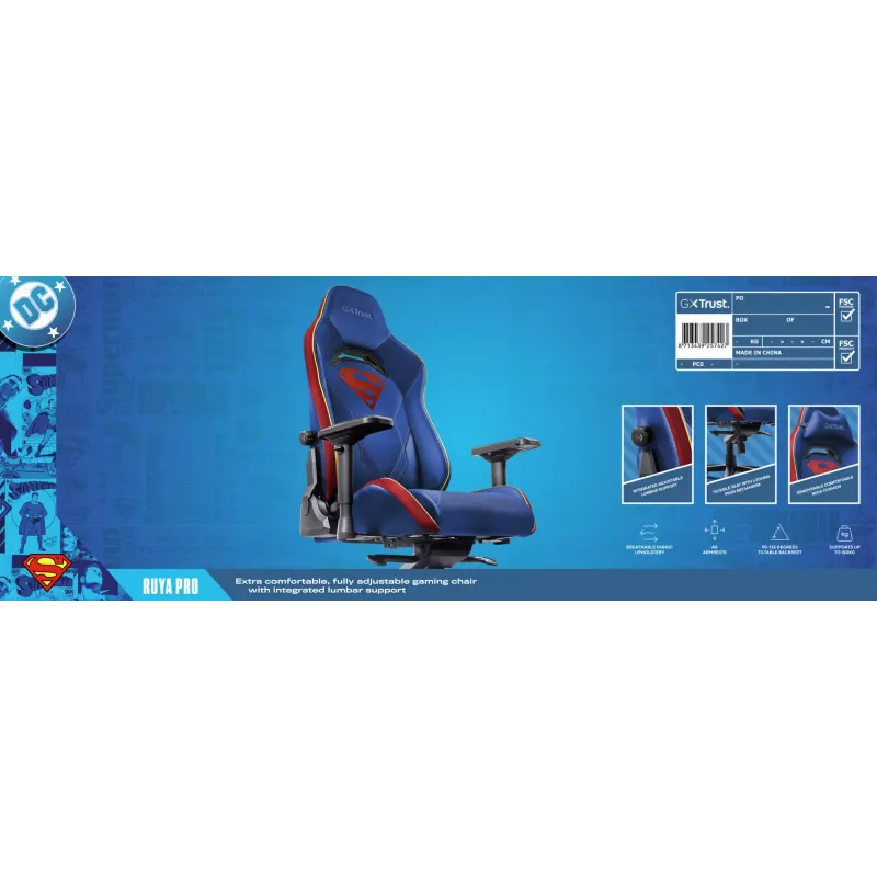 Fotel gamingowy TRUST RUYA PRO GXT721SM Superman — ergonomiczny design, regulowana wysokość