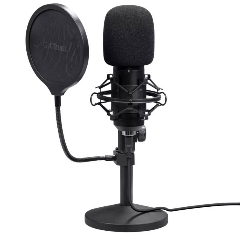 Mikrofon studyjny TRUST GXT 269 Emita II — przewodowy USB, metalowa obudowa, mocowanie na biurko, czarny (42×162×42 mm)