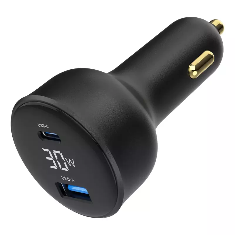 Ładowarka samochodowa Gembird TA-UC-AC2PD30LCD-CAR-01, USB-C, 30 W, 12–24 V, czarna