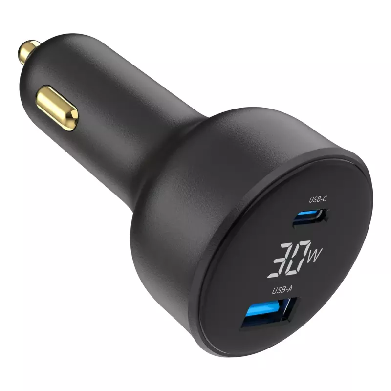 Ładowarka samochodowa Gembird TA-UC-AC2PD30LCD-CAR-01, USB-C, 30 W, 12–24 V, czarna