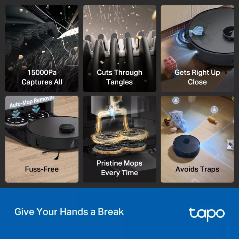 Robot sprzątający TP-Link Tapo RV50 Pro Omni — pojemnik na kurz 0,28 l, bateria 5200 mAh, stacja bazowa ze zbiornikiem na kurz 3 l