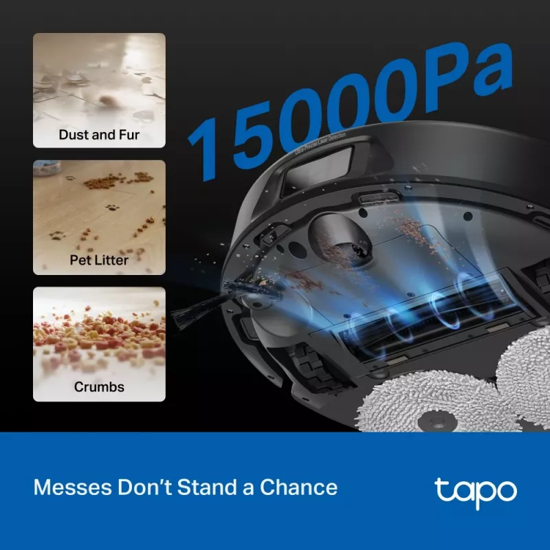 Robot sprzątający TP-Link Tapo RV50 Pro Omni — pojemnik na kurz 0,28 l, bateria 5200 mAh, stacja bazowa ze zbiornikiem na kurz 3 l