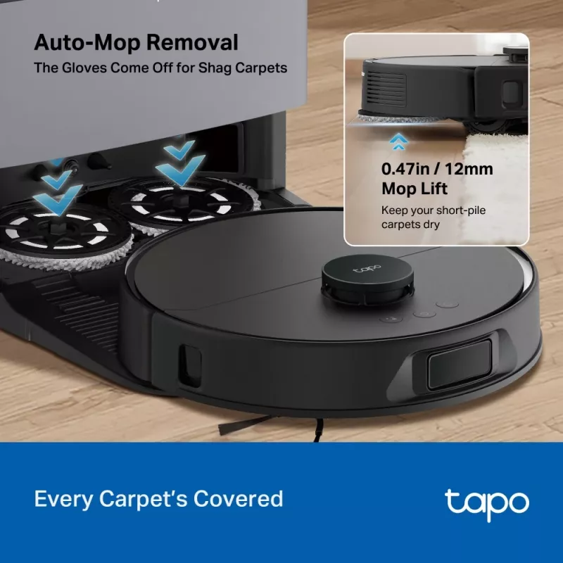 Robot sprzątający TP-Link Tapo RV50 Pro Omni — pojemnik na kurz 0,28 l, bateria 5200 mAh, stacja bazowa ze zbiornikiem na kurz 3 l