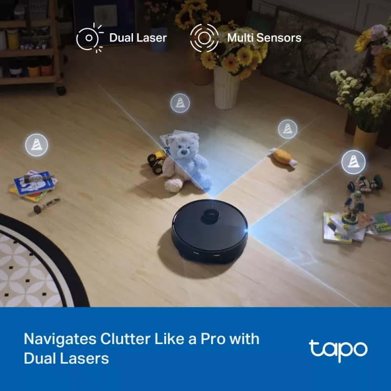 Robot sprzątający TP-Link Tapo RV50 Pro Omni — pojemnik na kurz 0,28 l, bateria 5200 mAh, stacja bazowa ze zbiornikiem na kurz 3 l