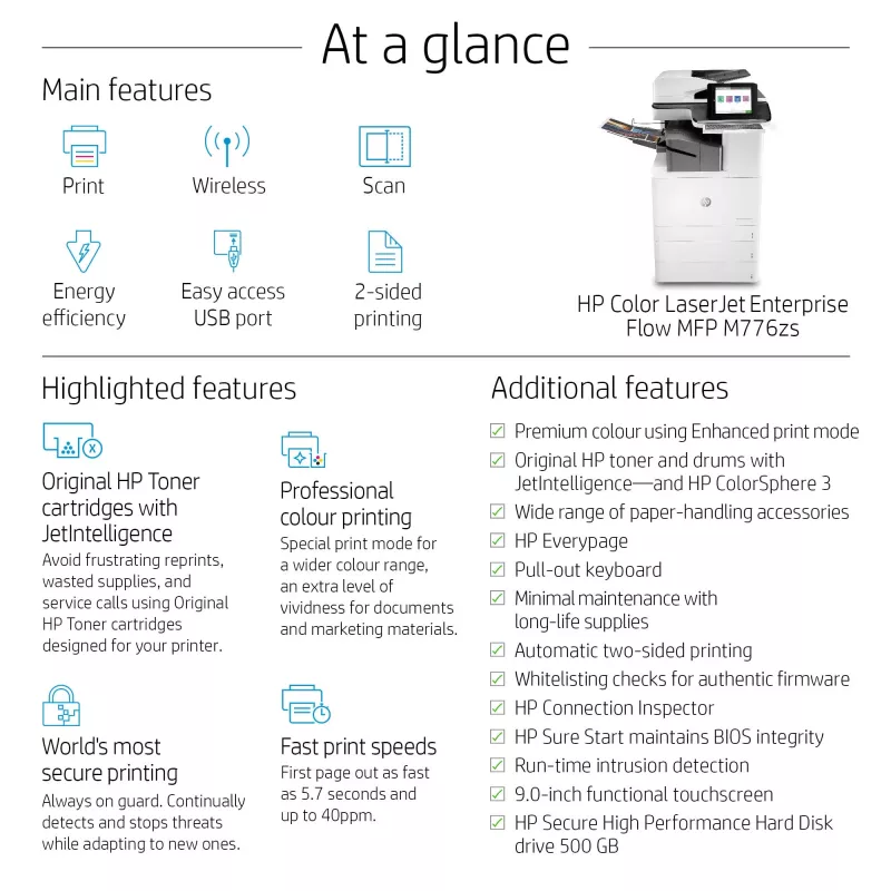 HP Color LaserJet Enterprise Flow MFP M776zs, Laser, Druk kolorowy, 1200 x 1200 DPI, A3, Drukowanie bezpośrednie, Czarny, Biały