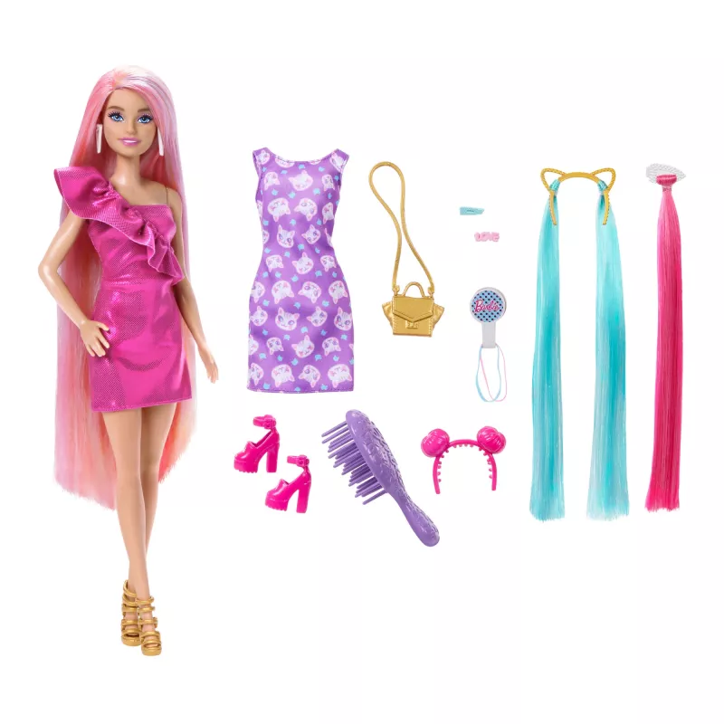 Barbie Fun & Fancy Hair lalka with Extra-Long Colorful Blonde Hair and Styling Accessories