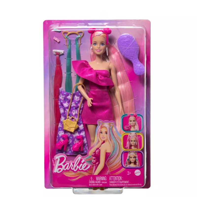 Barbie Fun & Fancy Hair lalka with Extra-Long Colorful Blonde Hair and Styling Accessories