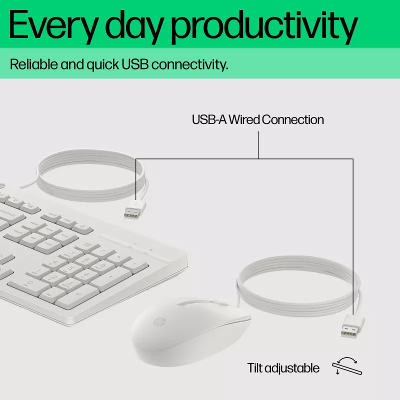 Zestaw przewodowej myszy i klawiatury HP 225, pełnowymiarowa (100%), przewodowa, USB, biała, mysz w zestawie
