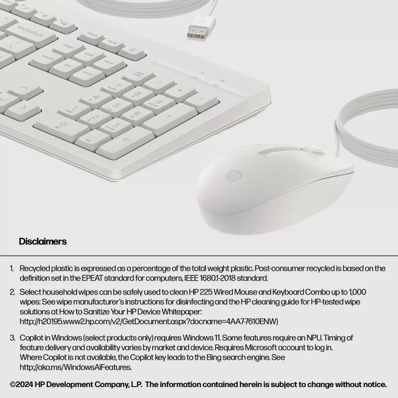Zestaw przewodowej myszy i klawiatury HP 225, pełnowymiarowa (100%), przewodowa, USB, biała, mysz w zestawie