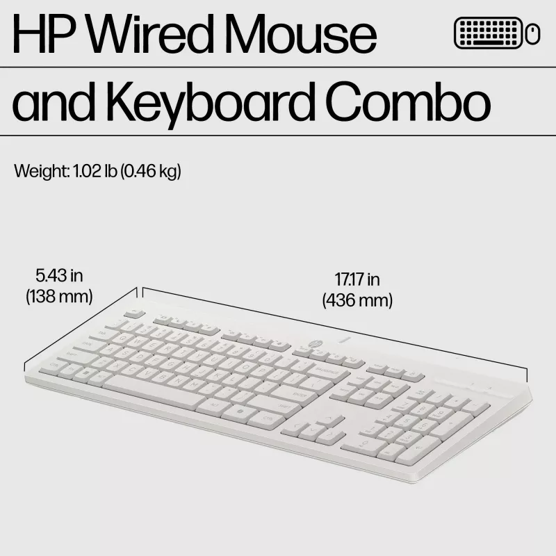 Zestaw przewodowej myszy i klawiatury HP 225, pełnowymiarowa (100%), przewodowa, USB, biała, mysz w zestawie