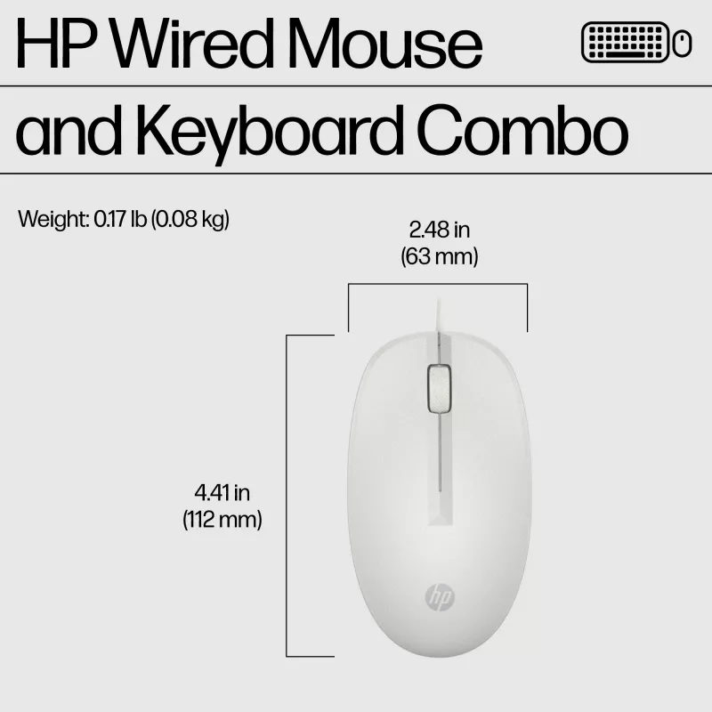 Zestaw przewodowej myszy i klawiatury HP 225, pełnowymiarowa (100%), przewodowa, USB, biała, mysz w zestawie