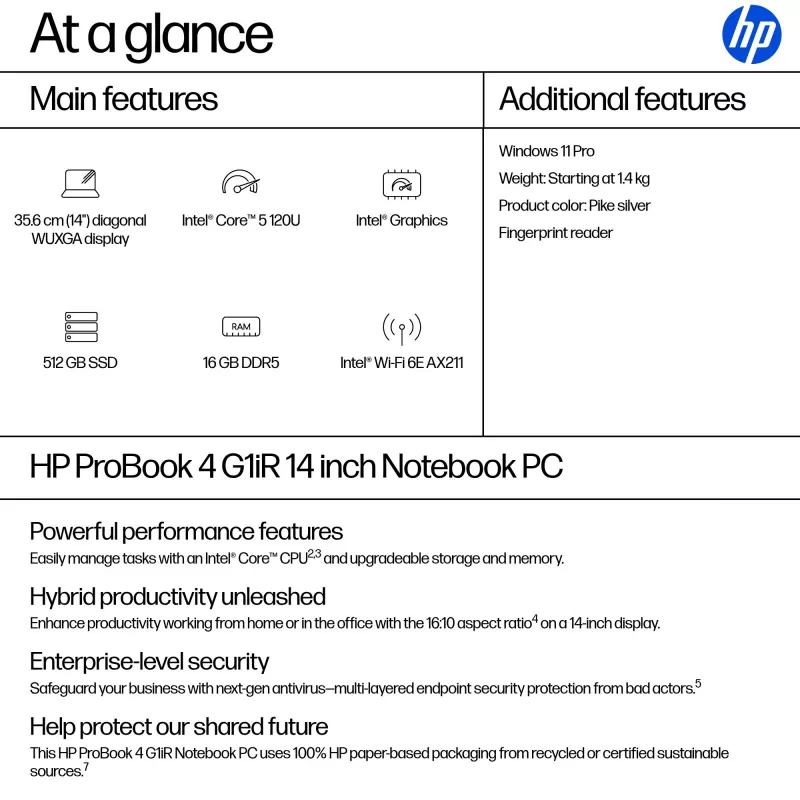 HP ProBook 4 G1iR Intel Core 5 120U Laptop 35,6 cm (14 cali) WUXGA 16 GB DDR5-SDRAM Wi-Fi 6E (802.11ax) Windows 11 Pro Srebrny