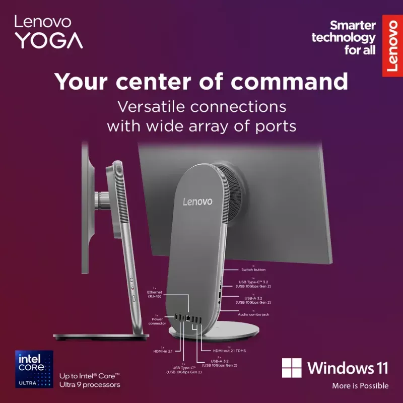 Komputer All-in-One Lenovo Yoga AIO 9 27IAH10 — 27 cali QHD, Intel Core Ultra 7 255H, 16 GB LPDDR5x, 1 TB SSD, Intel Arc 140T, Windows 11 Home