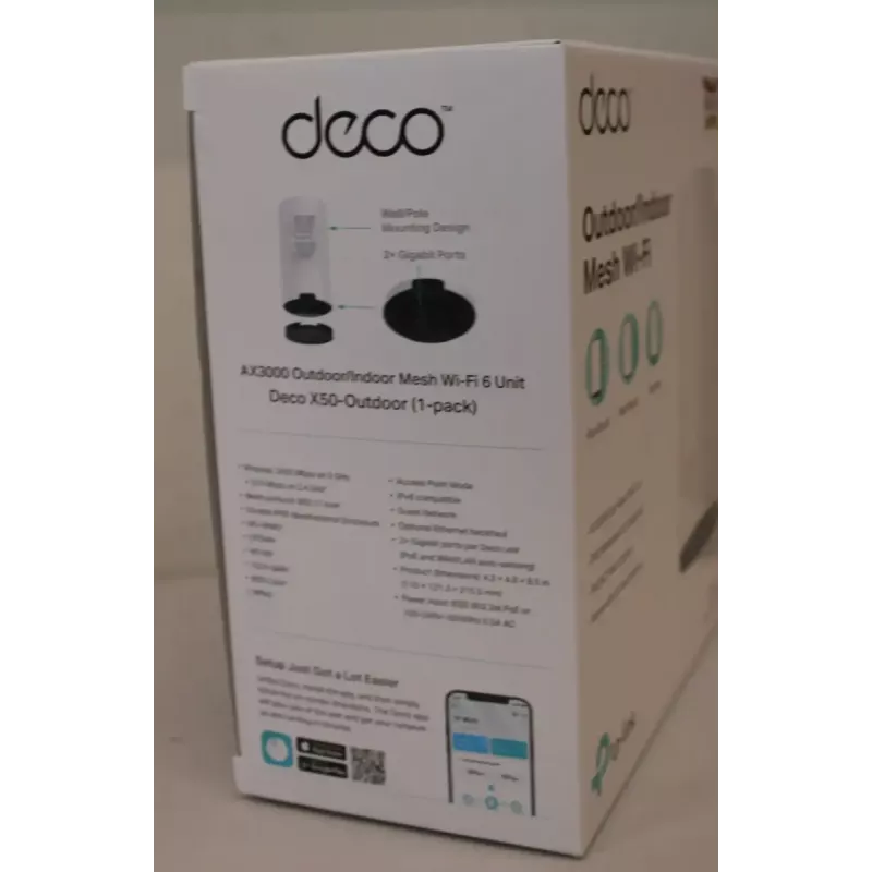 Zewnętrzna jednostka Mesh Wi‑Fi TP‑LINK Deco X50‑Outdoor AX3000 • 802.11ax • 2x Gigabit Ethernet • MU‑MIMO • Obsługa Mesh • Brak mobilnego łącza szerokopasmowego