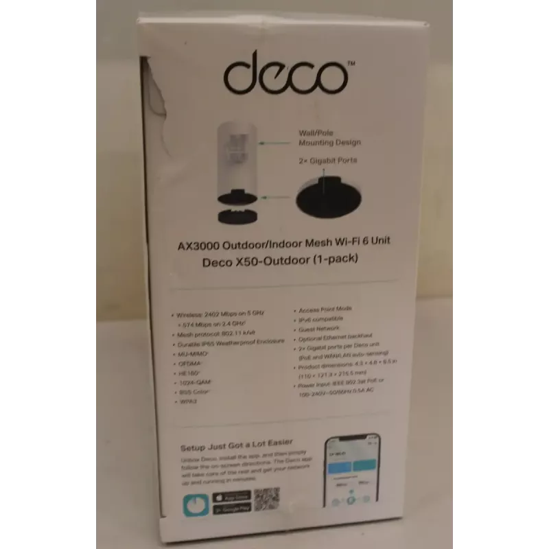 Zewnętrzna jednostka Mesh Wi‑Fi TP‑LINK Deco X50‑Outdoor AX3000 • 802.11ax • 2x Gigabit Ethernet • MU‑MIMO • Obsługa Mesh • Brak mobilnego łącza szerokopasmowego