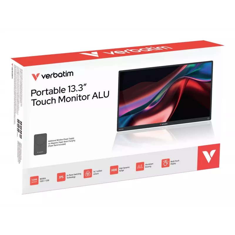 Monitor przenośny VERBATIM 13,3 cala WUXGA (1920x1200) IPS z ekranem dotykowym, bateria, USB-A/USB-C, 3,5 mm, aluminium, 0,925 kg