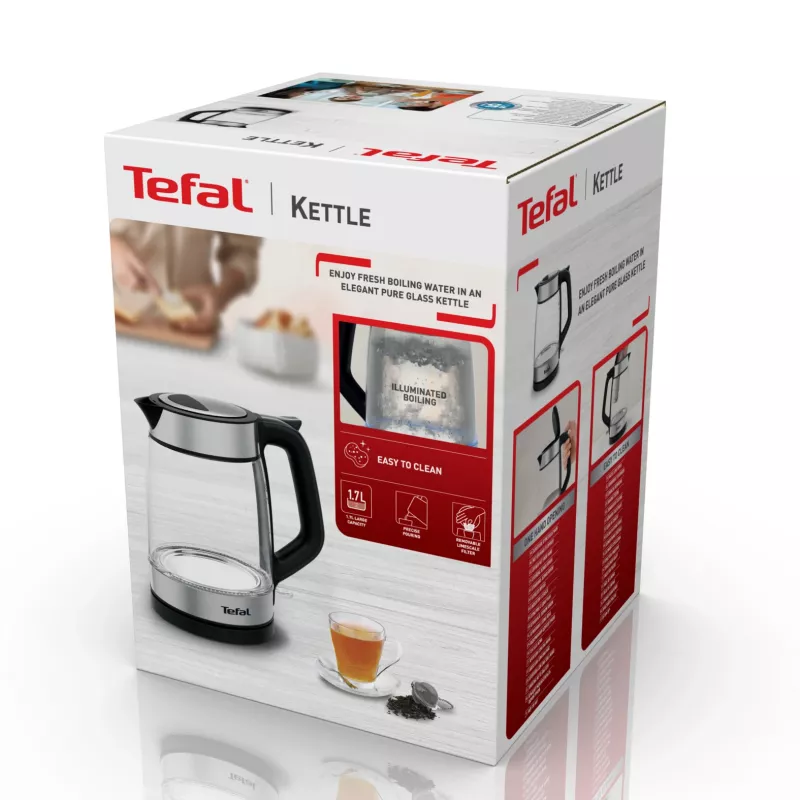 Tefal Glass Kettle KI605830 czajnik elektryczny 1,7 L 2200 W Czarny, Srebrny, Przezroczysty