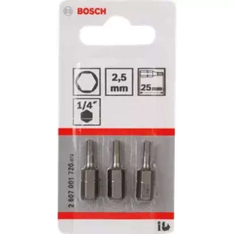 Zestaw bitów wkrętakowych Bosch 3 szt. — hex zabezpieczający 2,5 mm, długość 25 mm, chwyt 1/4 cala