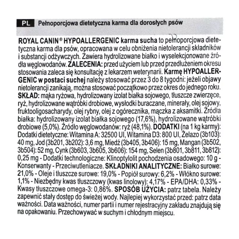 Sucha karma dla psa Royal Canin Hypoallergenic Adult — 14 kg, formuła z wątróbką i ryżem, 21% białka, 19% tłuszczu, bezglutenowa