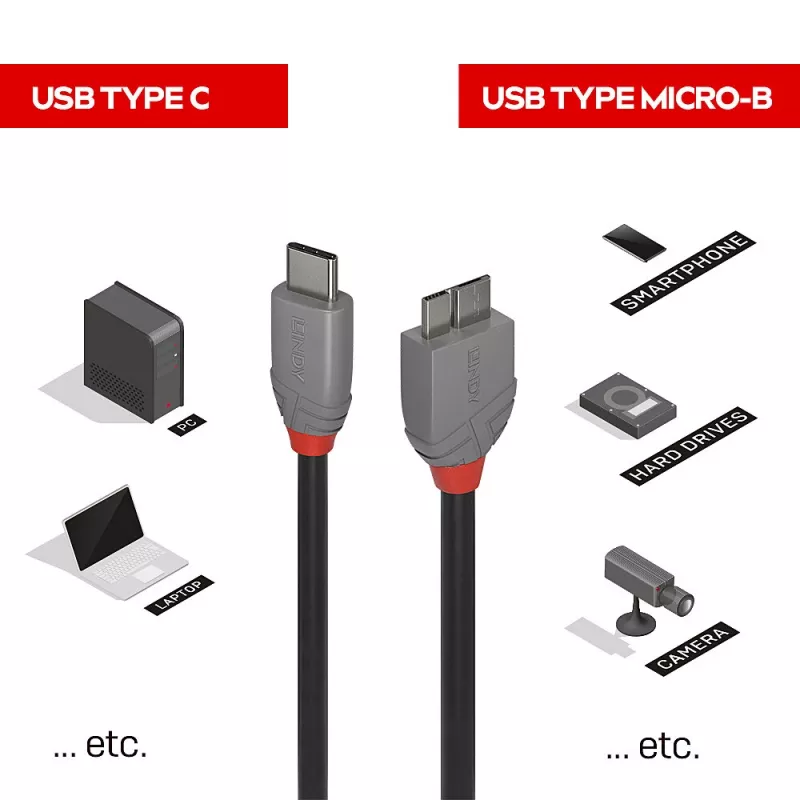Kabel Lindy 2m USB 3.2 Typu C na Micro-B, Anthra Line, 2 m, USB C, Micro-USB B, USB 3.2 Gen 1 (3.1 Gen 1), Czarny