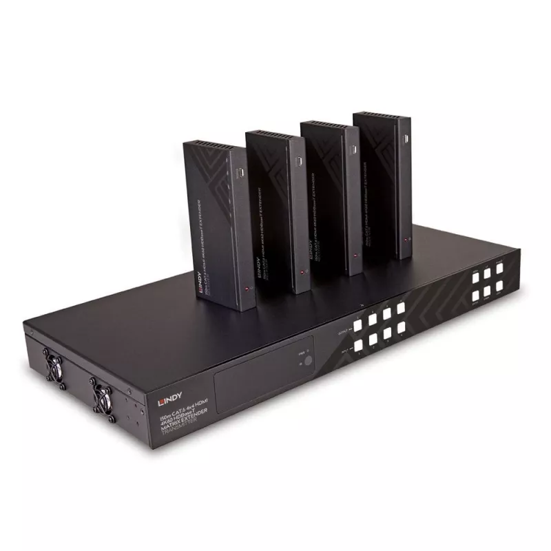 Lindy 150m Cat.6 4x4 HDMI 4K60 HDBaseT Matrycowy Ekspander, 3840 x 2160 pikseli, nadajnik i odbiornik AV, 150 m, Przewodowy, Czarny, HDCP