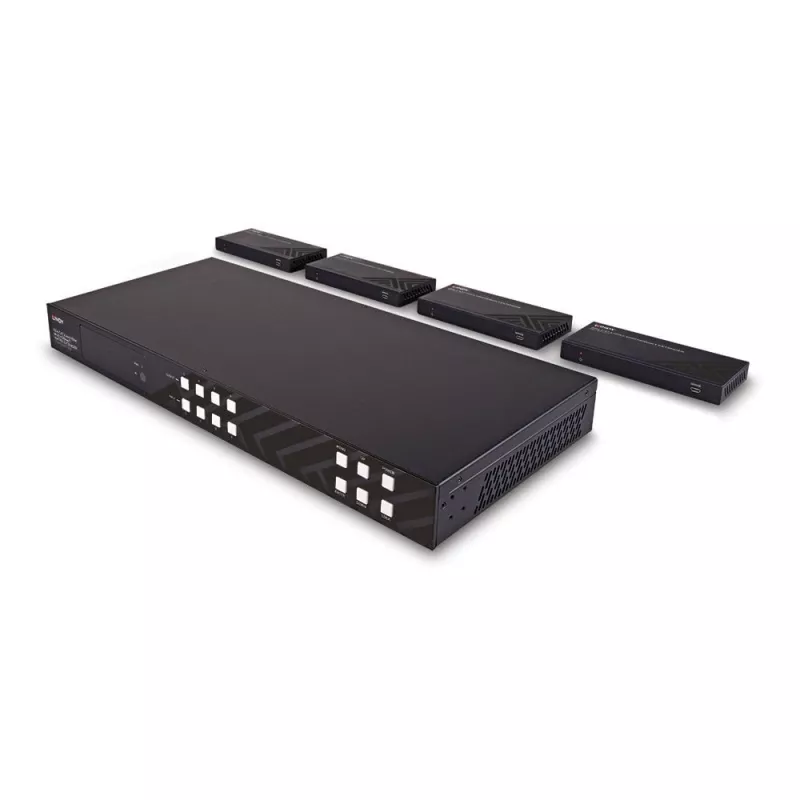 Lindy 150m Cat.6 4x4 HDMI 4K60 HDBaseT Matrycowy Ekspander, 3840 x 2160 pikseli, nadajnik i odbiornik AV, 150 m, Przewodowy, Czarny, HDCP
